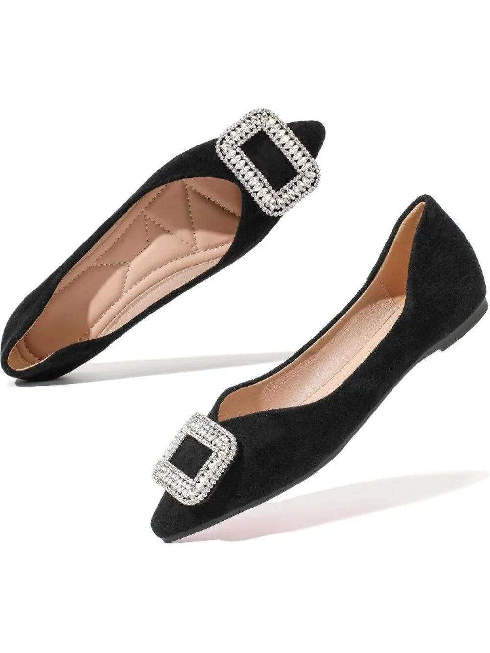 Women's Black Suede Pointed Toe Rhinestone Ballet Flat Slip On Party Dress Shoes